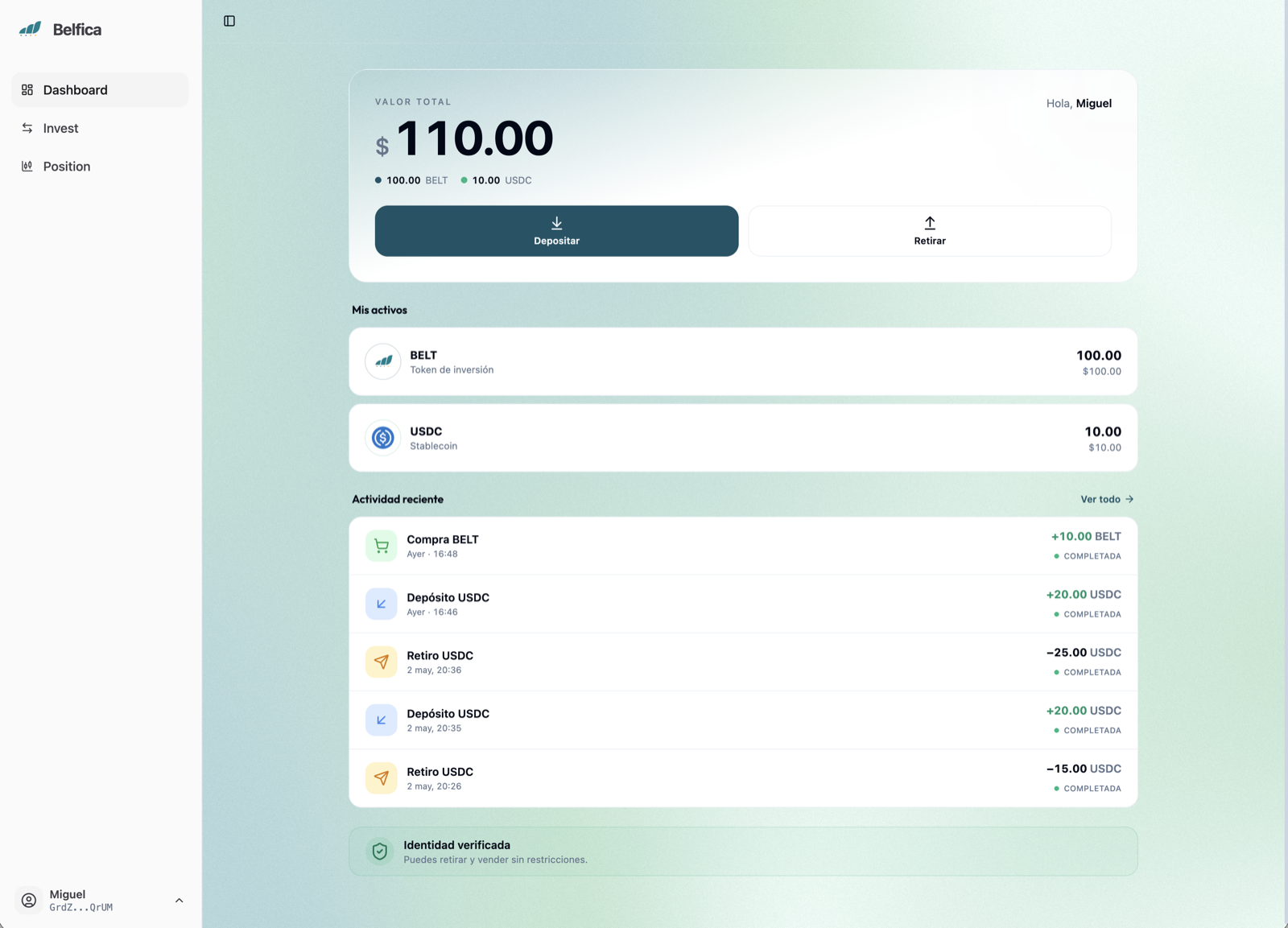 Dashboard de Belfica Tokens